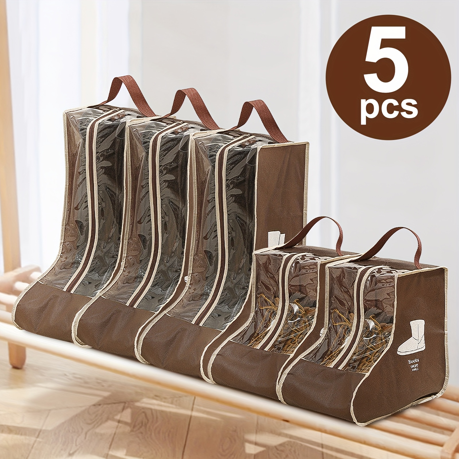 TEMU 5pcs Reusable Waterproof Shoe Storage Bags - Dustproof & Foldable Boot Protectors For Flat, Short, Long Boots & Athletic Shoes, Durable Zipper