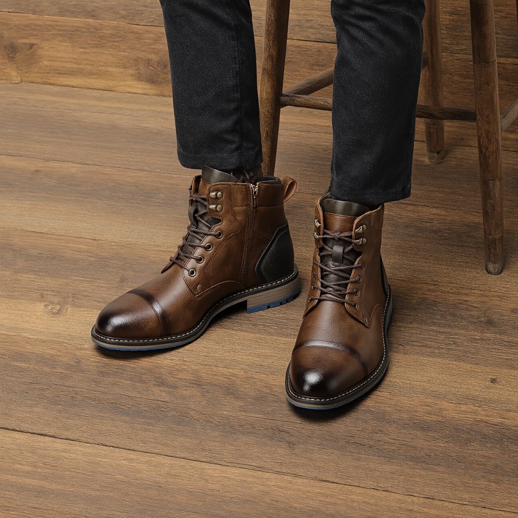 mens boots brown pu splicing zipper rubber dual - Temu