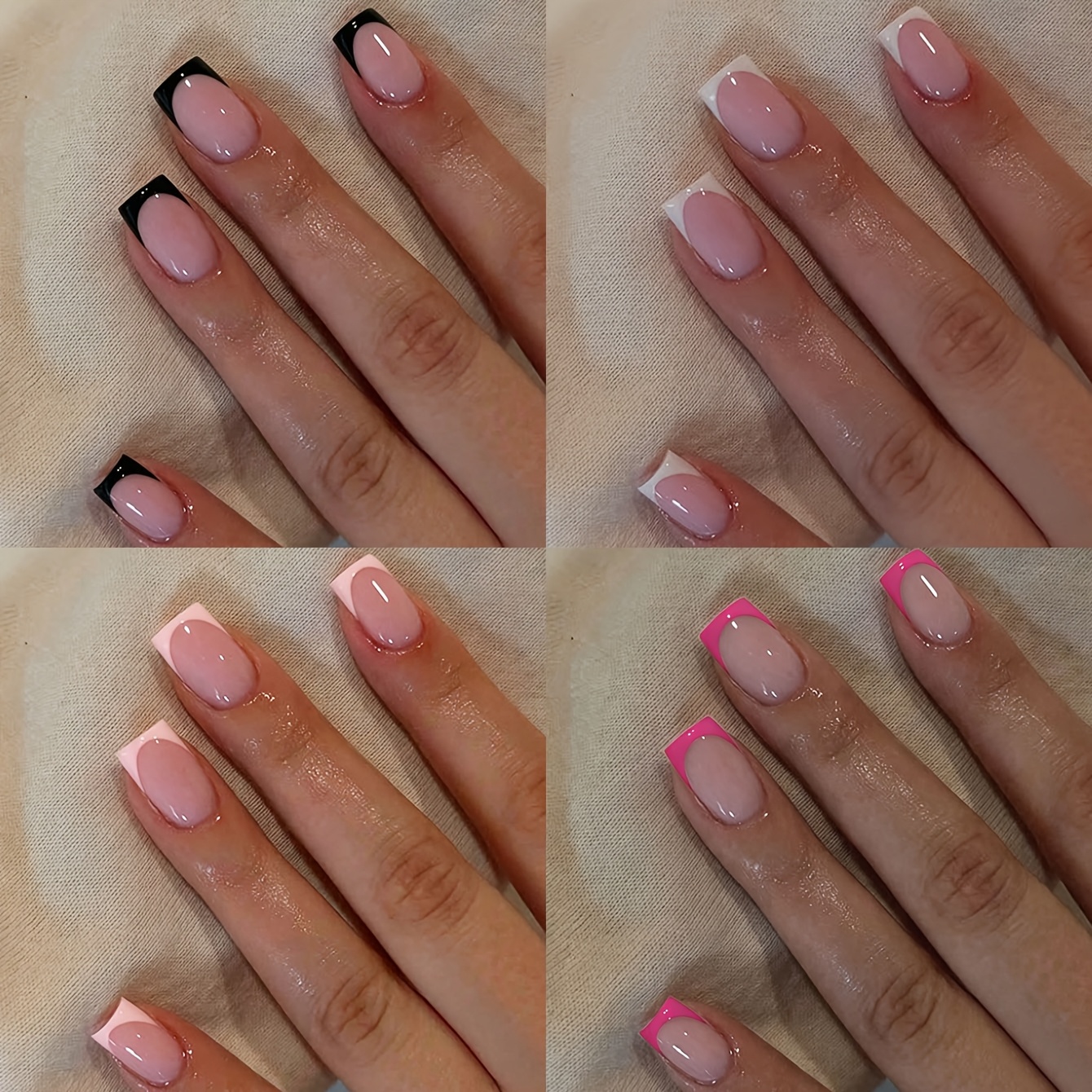 TEMU 96pcs -on Short Square French Pointed Fake Nails, Nude Base With Black White Light Pink Rose Red French Pointed Gloss Full Patch Fake Nails,
