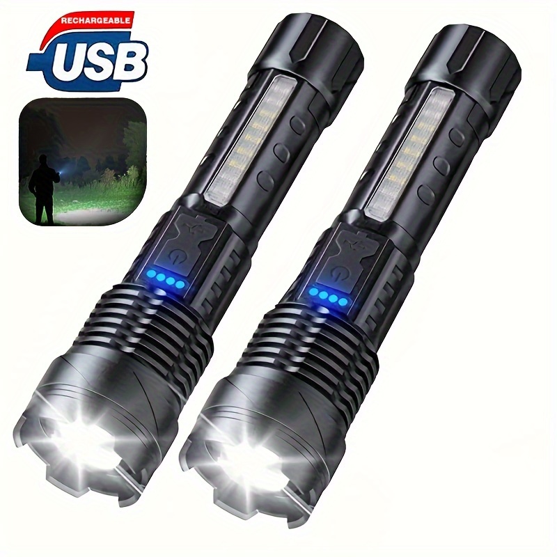 

2pcs Xhp50 Led Flashlights, Waterproof Usb Rechargeable Flashlights With Side Light 7 , For Outdoor Camping Fishing