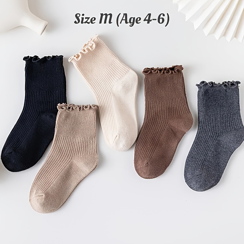 Image of 5pcs Girls' Crew Socks With Ruffle Edge Soft & Breathable, Perfect For School Uniforms And Special Occasions, A Must-have Dress Sock For Kids