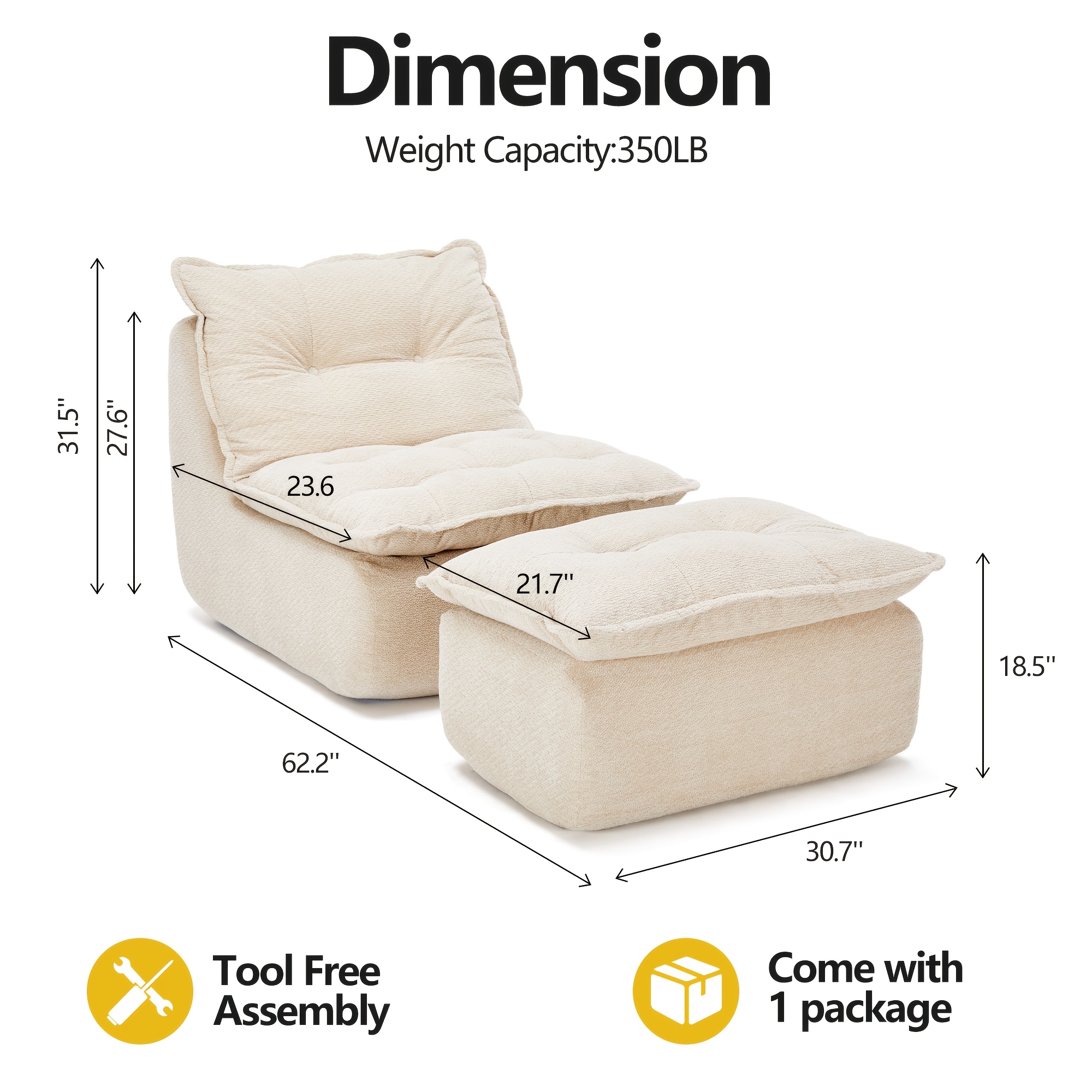 MCQ Single Recliner Chair with Footrest - 62.2-inch Foam Floor Lounger, Boneless Modern Bean Bag Sofa Suitable for Bedroom or Living Room, Cloud Bed for, No Assembly Required, Space-Saving
