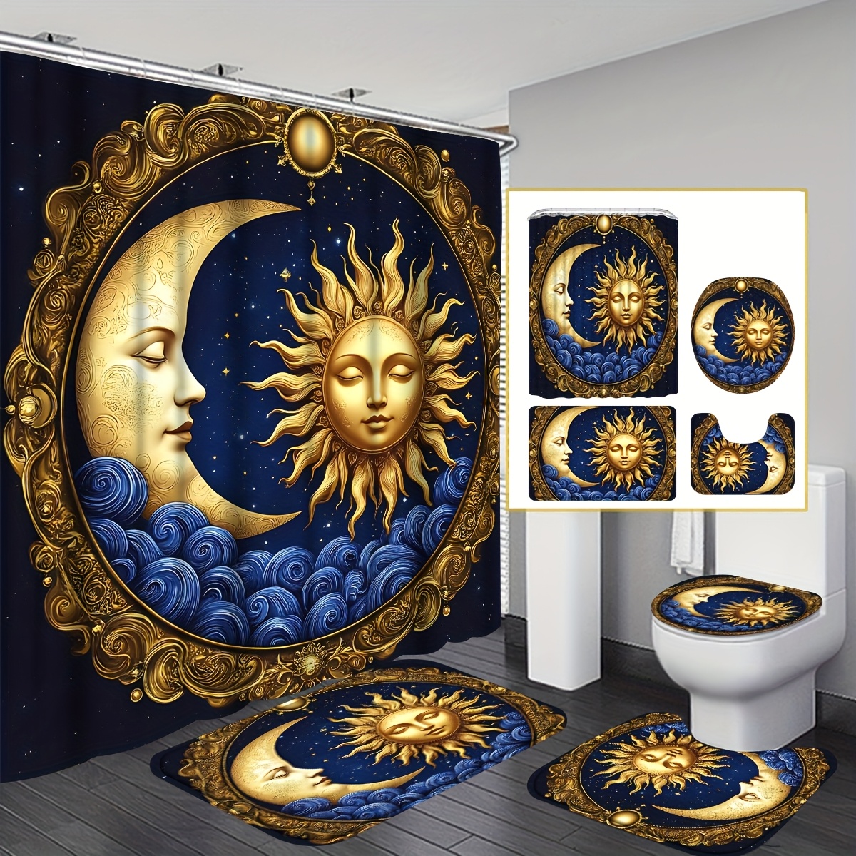 TEMU 4pcs 2d Flat & Curtain Set, Sun Moon And Stars Over Blue Bathroom Shower Curtain Sets With Rug, Astrology Vintage Theme Shower Curtain With Bath