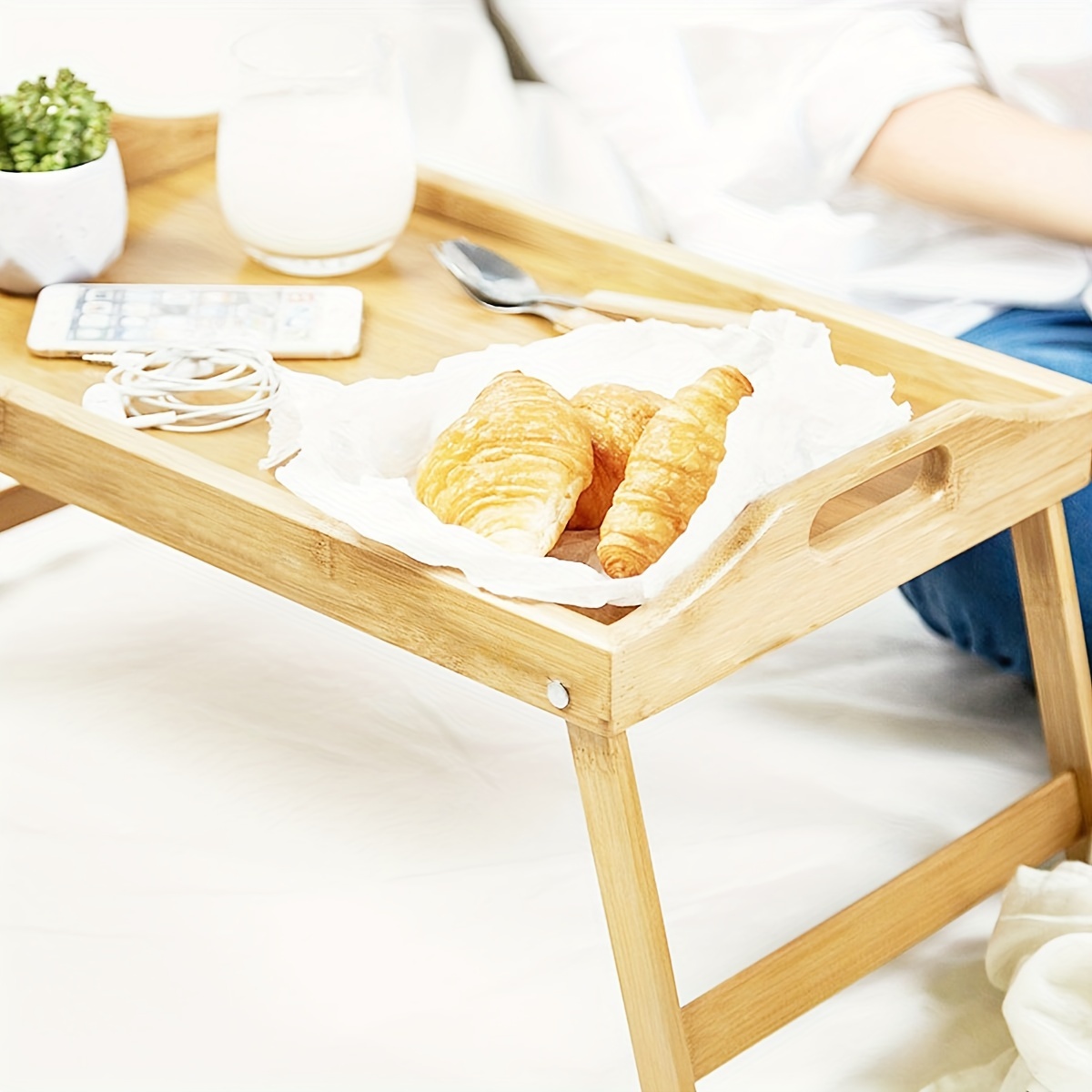 Bandeja de cama grande de bambú para desayuno, bandeja para