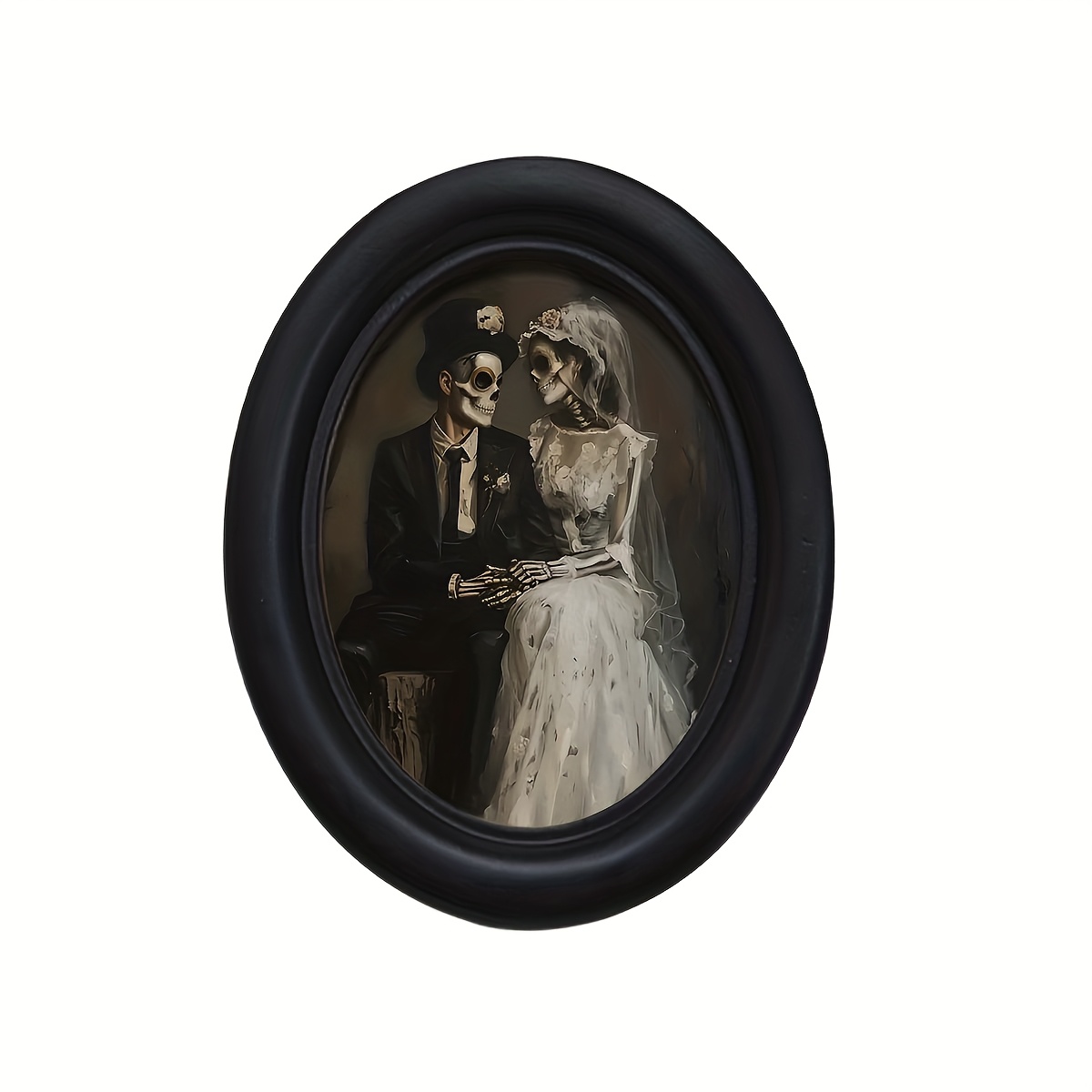 Image of 1pc Gothic Skeleton Bride And Groom Wooden Photo Frame (4.16 X 5.25) - Handmade 3d Wall Art With Floral Accents, Vintage Style Decor, Halloween And Gothic-themed Parties, Halloween Decorations
