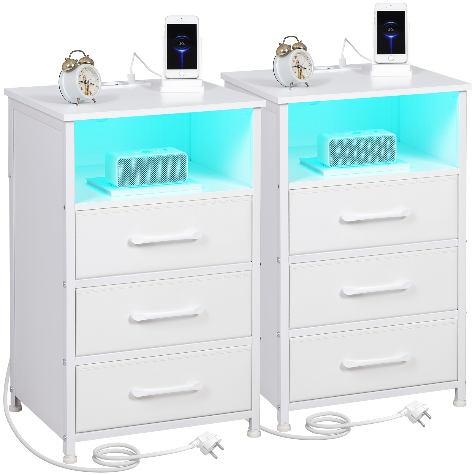 Image of Amhancible 2pcs Bedside Table With 2/3 Fabric Drawers, Led Lighting, End Table With Charging Station, 2 Usb Ports And Sockets For Living Room And Bedroom
