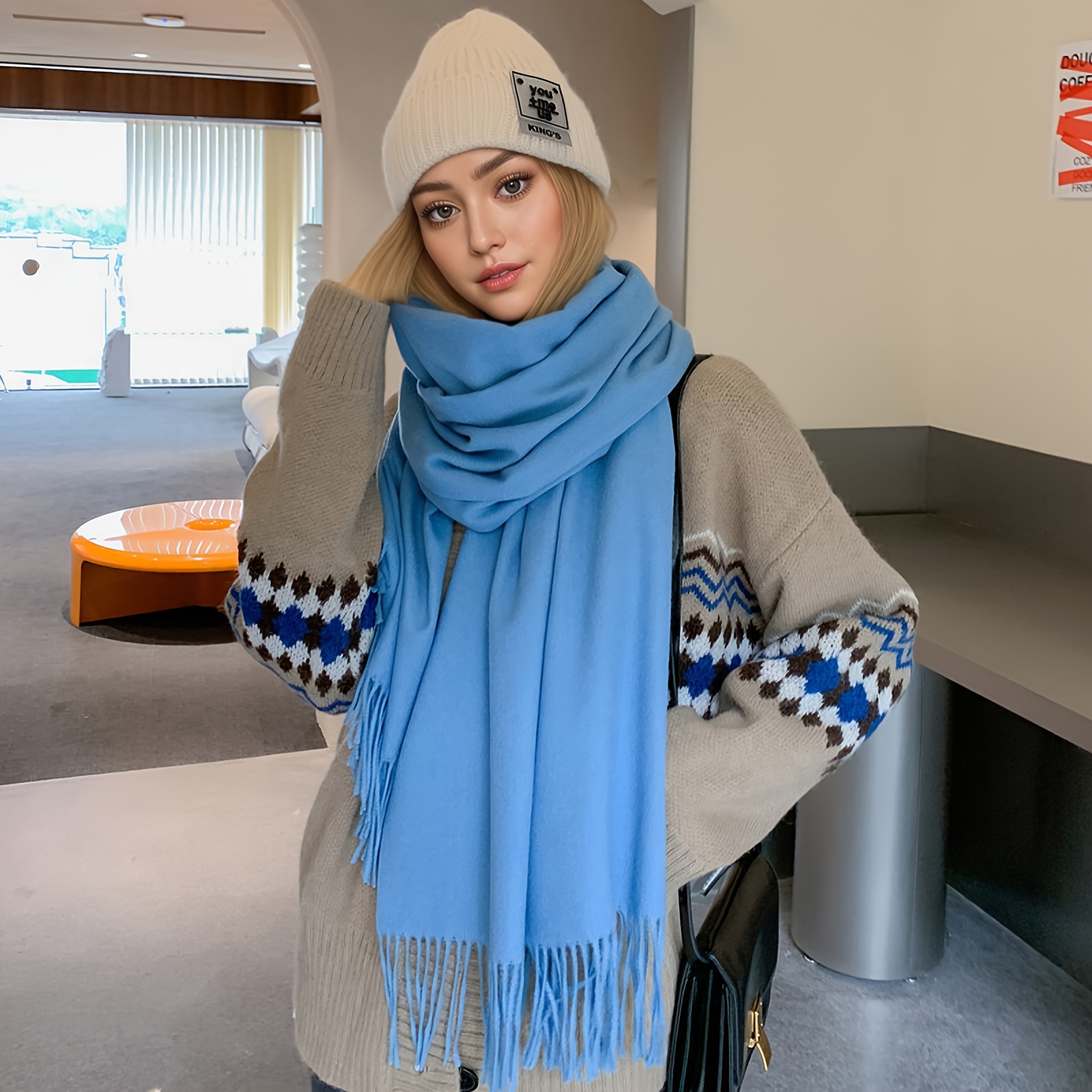 1pc Women'S Cashmere Shawl Scarf - Soft Blue Luxurious Winter Wrap, Thick Warm Coat Neck Scarf