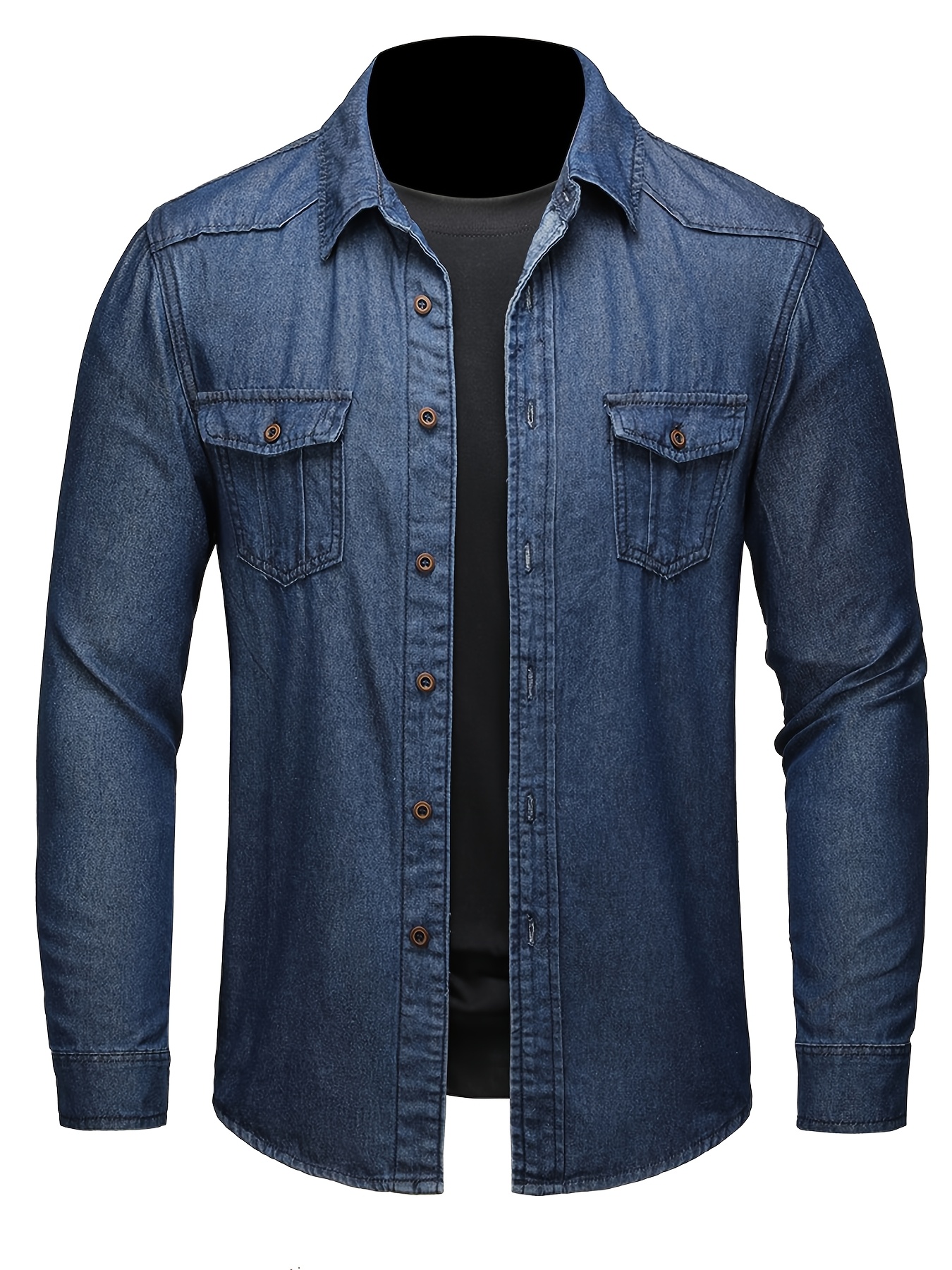 CS008 Men'S Slim Fit Turn- Collar Denim Shirt Classic Double Pocket Long Sleeve Top Business Casual Dark Wash Jacket Spring And Autumn Versatile Fashion Shirt Jacket