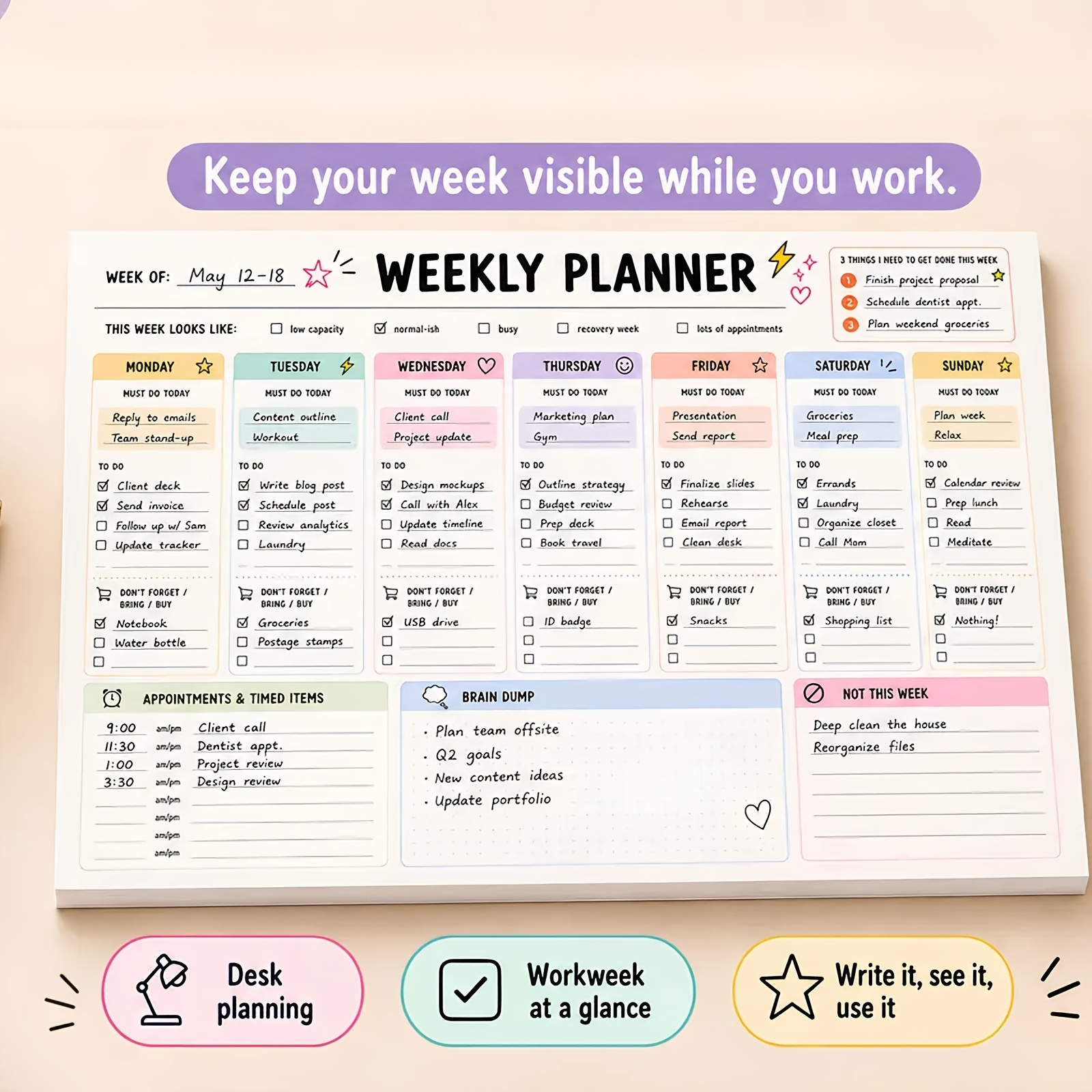 TEMU A4 (50 feuilles à déchirer) / Cahier de planification hebdomadaire pour TDAH / Cahier de bureau à déchirer pour adultes neurodivergents / Liste