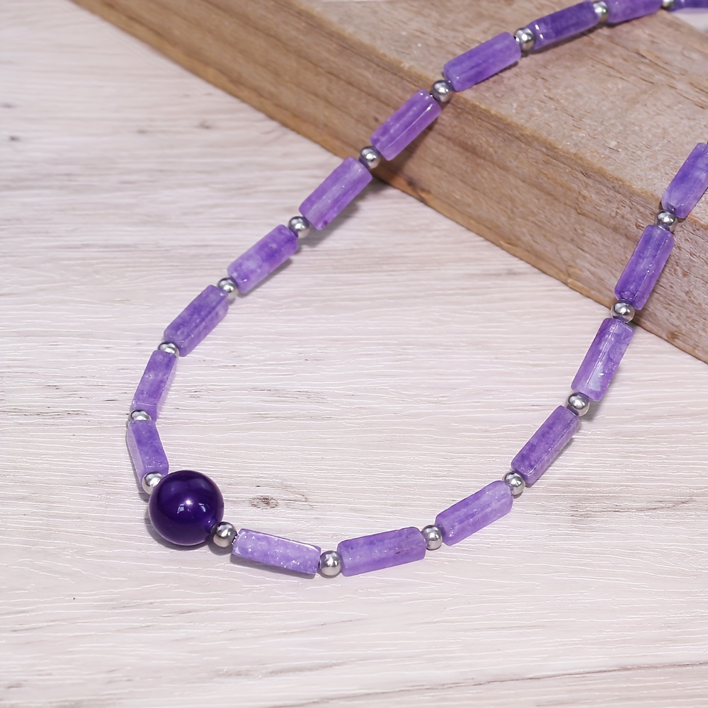 

Handcrafted Amethyst Beaded Necklace, Vintage Bohemian Style, Square & Round Amethyst Beads With Silvery Accents, Jewelry
