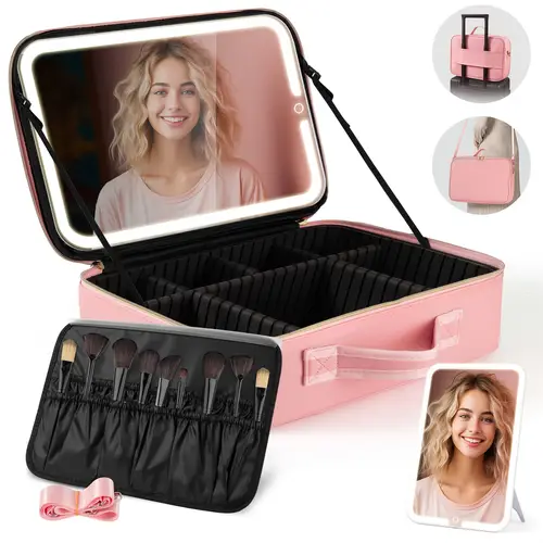 15in 11in large size travel makeup case with led 40 large capacity train storage bagscosmetic make up organizer with adjustable dividers brush storage board for her