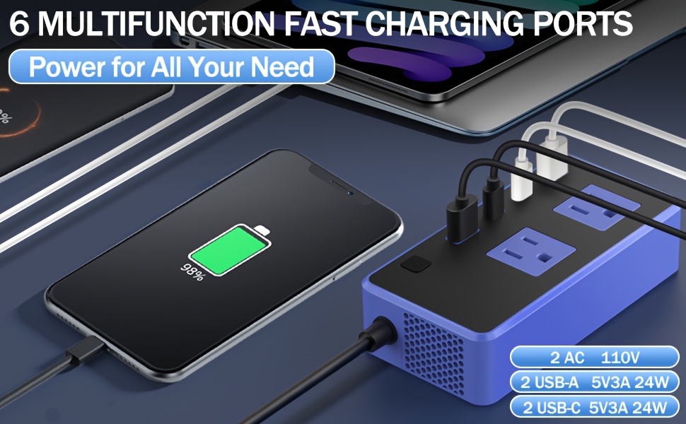 200W Car Power Inverter Converter, USB-C USB-A Type-C Fast Charging DC 12V to 110V AC Car Plug Adapter, Portable Car Inverter Charger with PD 24W/ QC 24W Quick Charge, Power Inverter for Vehicles, Car Office Working, Camping, Road Trip