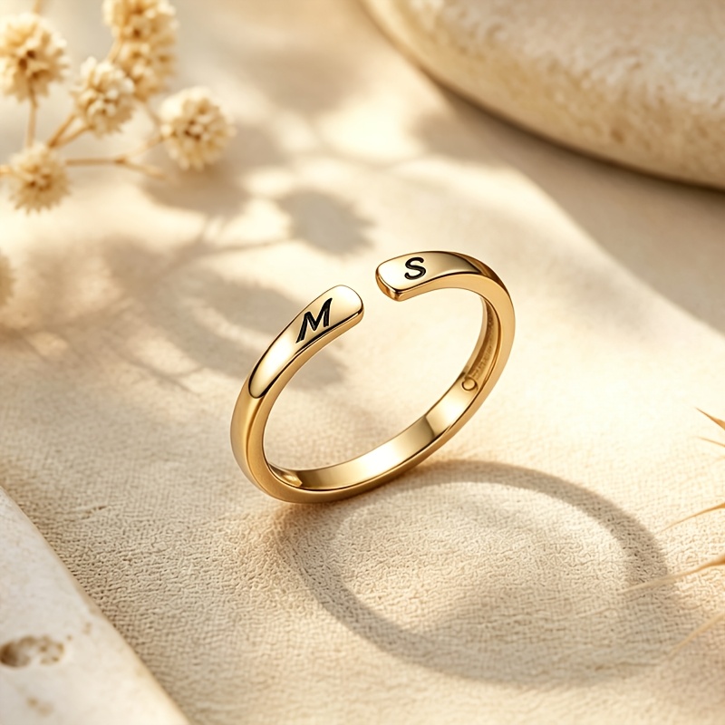 TEMU Personalized Engraved Stainless Steel With 18k Gold-plated. Supports Custom Engraved Letters. Adjustable Open Size, Great For Anniversary Or