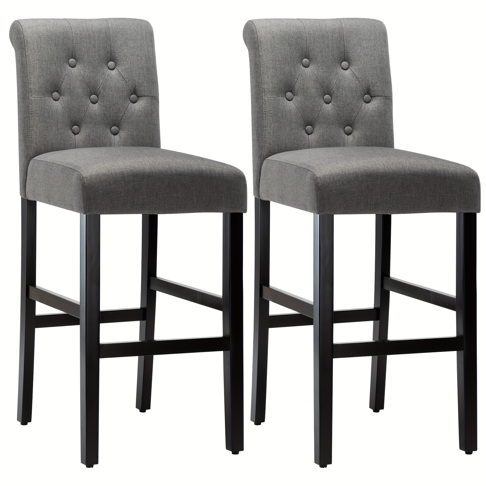 

Modern Bar Stools Set Of 2, 30 Inches Seat Height Wooden Bar Stools, Upholstered Button Tufted Back Counter Bar Chairs, Grey