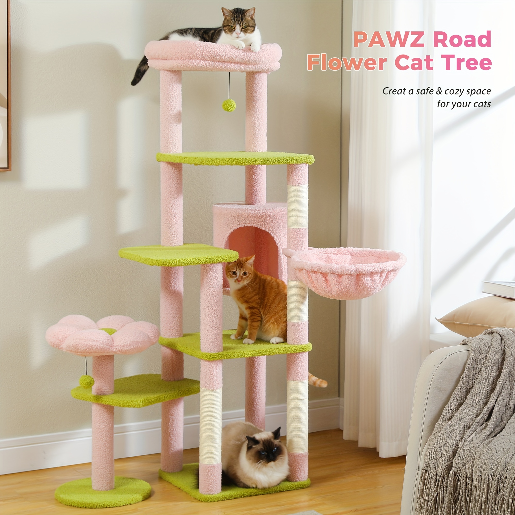 

59" Flower Cat Tree, Tall Cat Tree For Large Cat, Multi-level Cat Tower, Cute Cat Tree For Indoor Cats, Cat Condo With Large Hammock, Scratching Post, And 2 Perches
