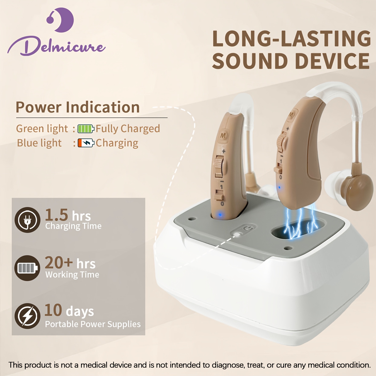 Delmicure Rechargeable Hearing Amplifier with USB Charging Base - BTE Sound Enhancer for Adults, A-Pair with Memory & Multi-Level Volume Control, Noise Reduction Chip, USB- Hearing Device for home Use, Beige (Ideal