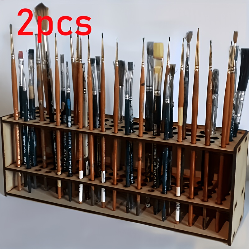 TEMU 2pcs Supports de Pinceaux en Bois, , Boîtes de Rangement de Bureau Multi-Trous, Supports de Stylos d'Art Amovibles, Étagères d'Outils d'Artiste