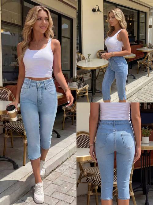 pantalon capri en jean style été tendance 2026. lavage . tissu extensible et confortable. design à ourlet fendu . parfait pour une tenue décontractée . jean à la décoloration