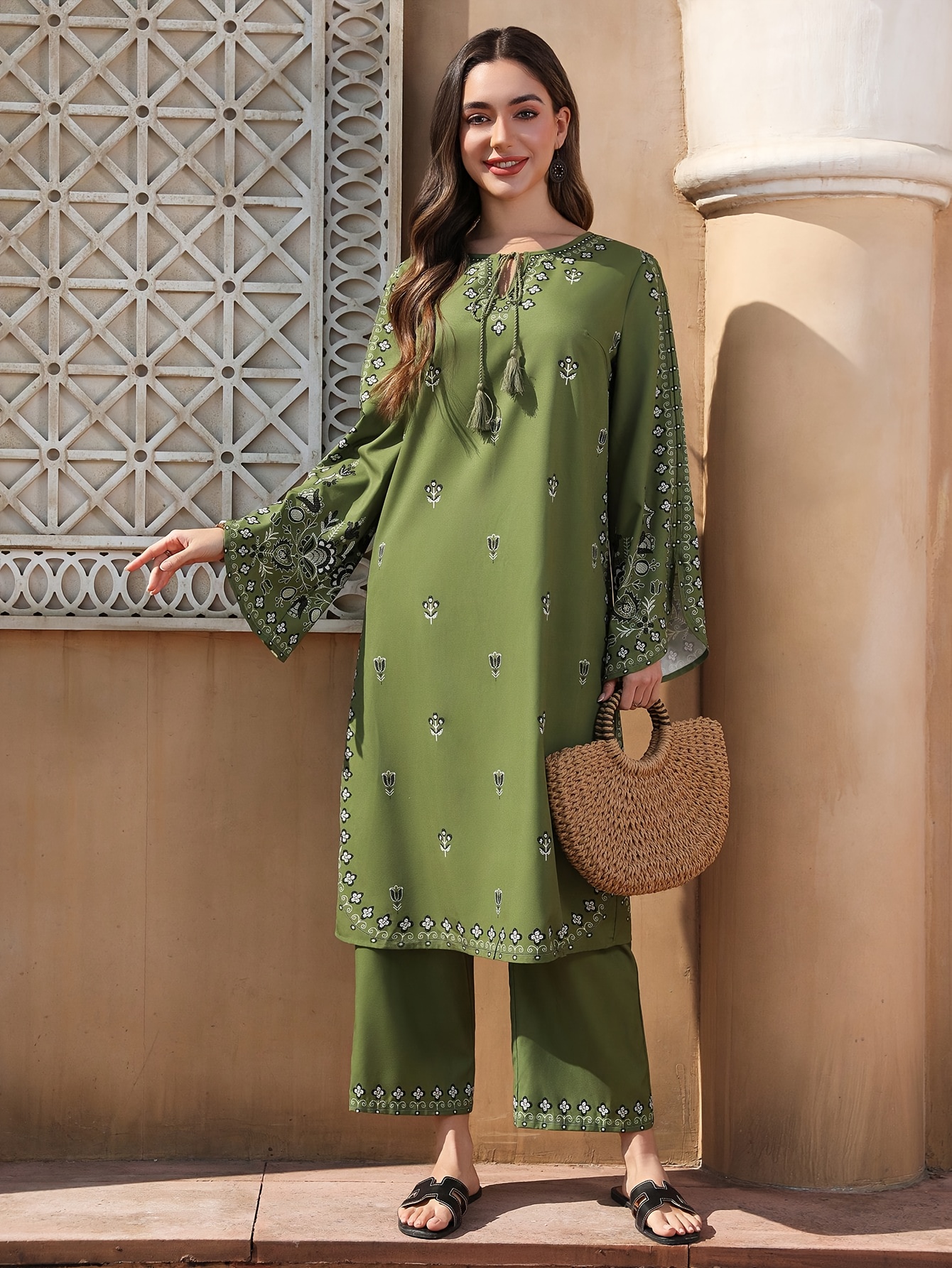 slim fit dress slacks Shibori Green Cotton Ethnic Dress – Indianvirasat main image 1