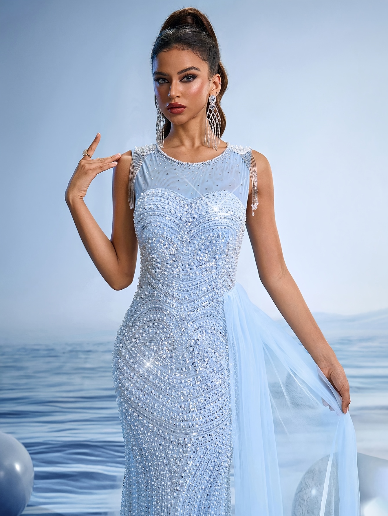 blue evening gown annual meeting heavy sequin mermaid