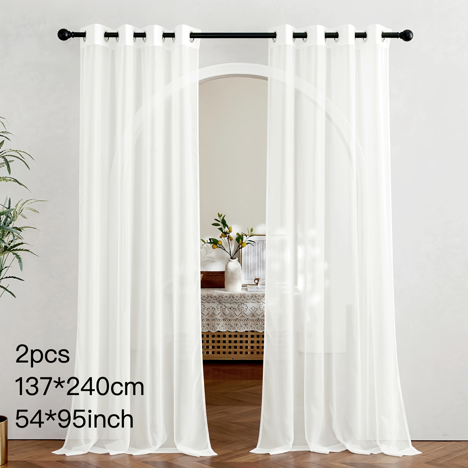 TEMU Set Of 2 Elegant Sheer Drapes, Rod , 80gsm, Ideal For Bedroom And Living Room Decor