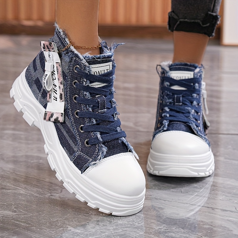 Women'S High-* Sneakers Versatile Casual Black Denim with White  Rubber Sole, Lace-Up, Round Toe, Comfortable Fabric