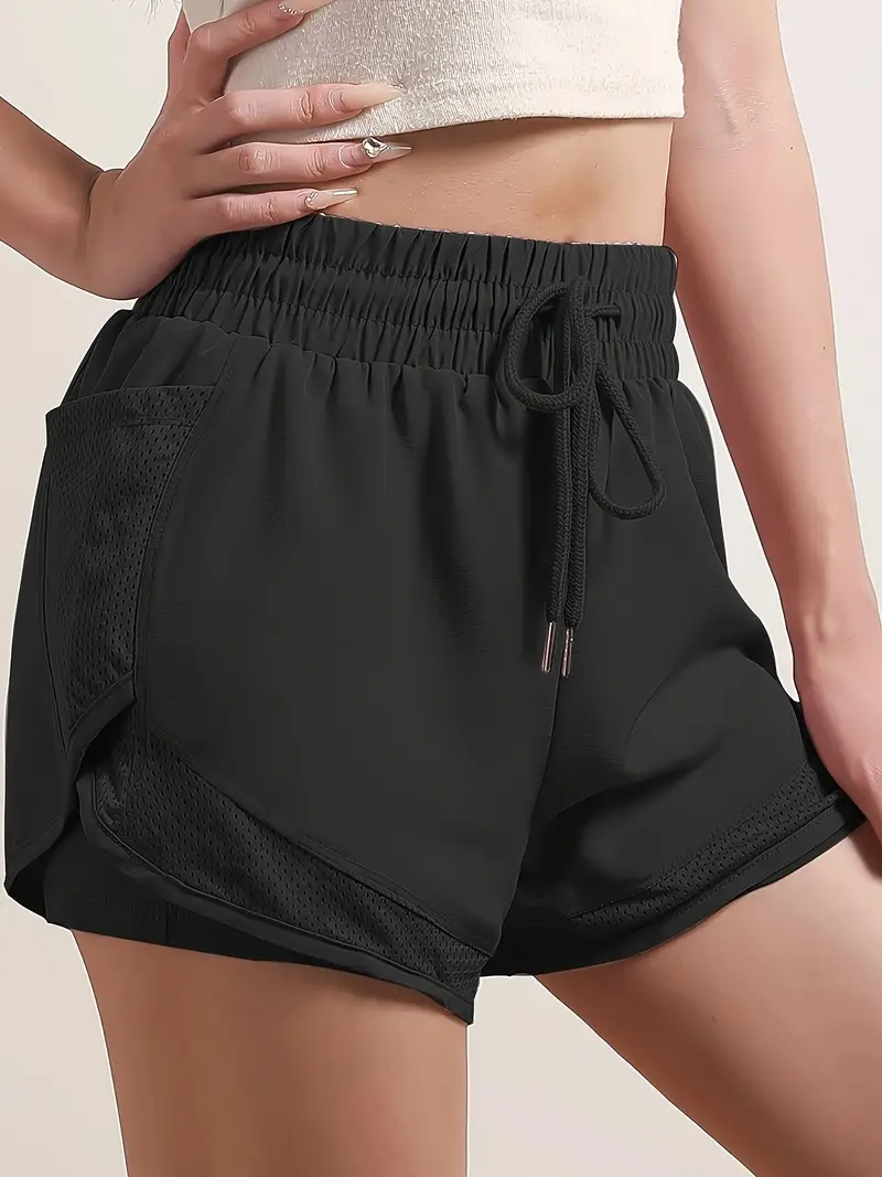 womens 2 in 1 shorts dry mesh pockets elastic waistband drawstring comfortable fitness gym workout shorts details 7