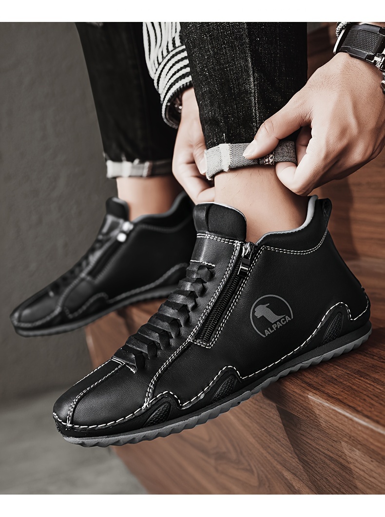 [Casual & Outdoor Shoes] Men's Ankle-High Zipper Boots - PU Upper & Rubber Sole, Slip-On/Lace-Like Zip Closure, All-Terrain Traction (EU 39-48), Casual & Outdoor Shoes for Winter/Spring/Fall, Round Toe Ankle Booties with Cushioned Insole