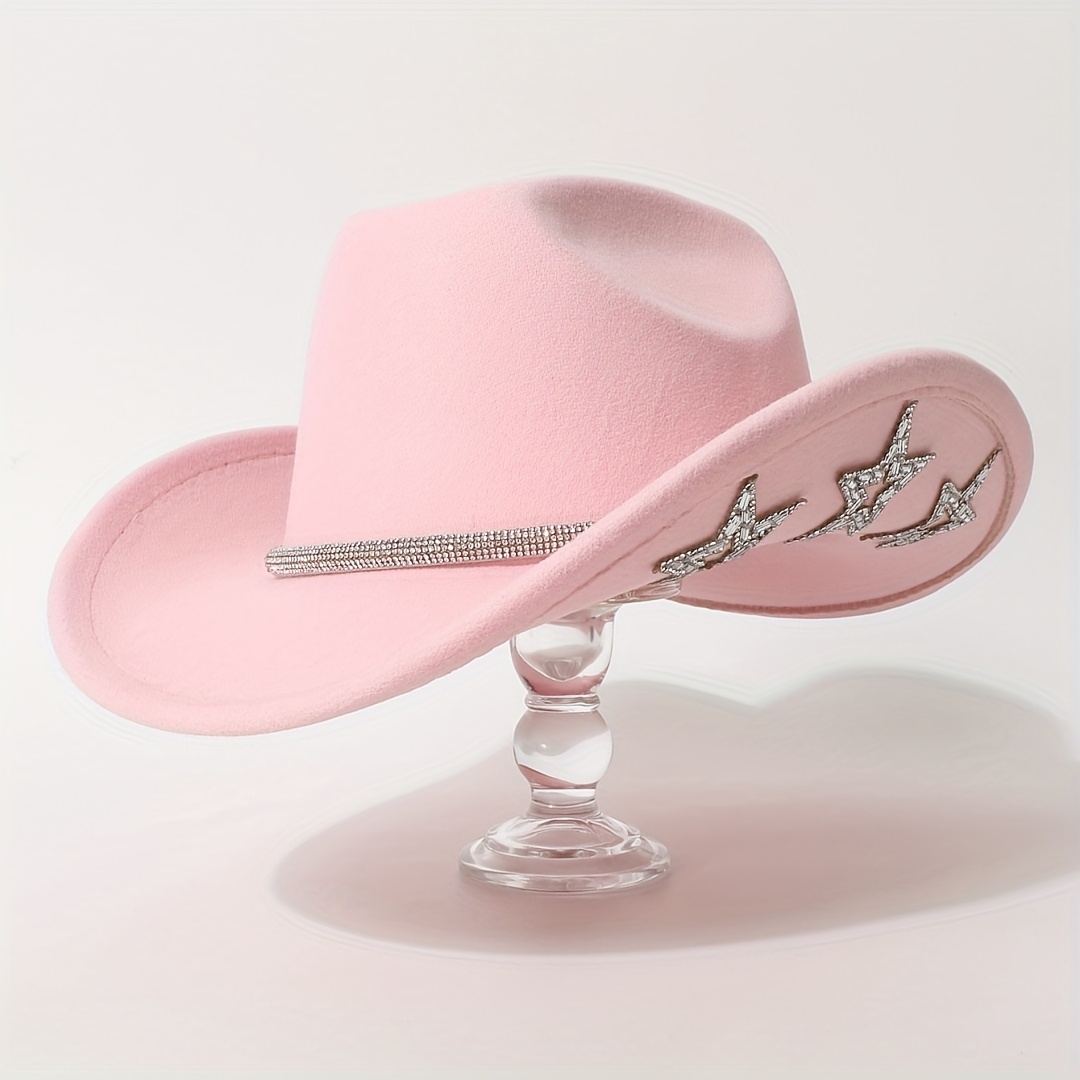 TEMU Hat Men's Hat, Fashionable Solid -word Top Brim Felt Hat, With Of Sparkling Diamond Thin Waistband Contrasting Color, With Side Star Decoration,
