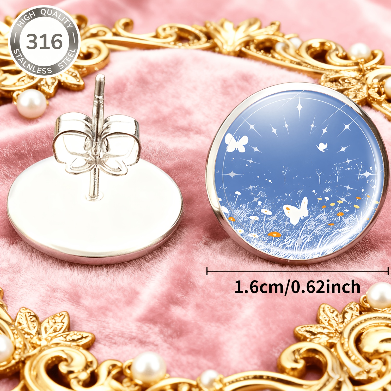 2pcs Blue Butterfly & Flower Embellished Round Studs
