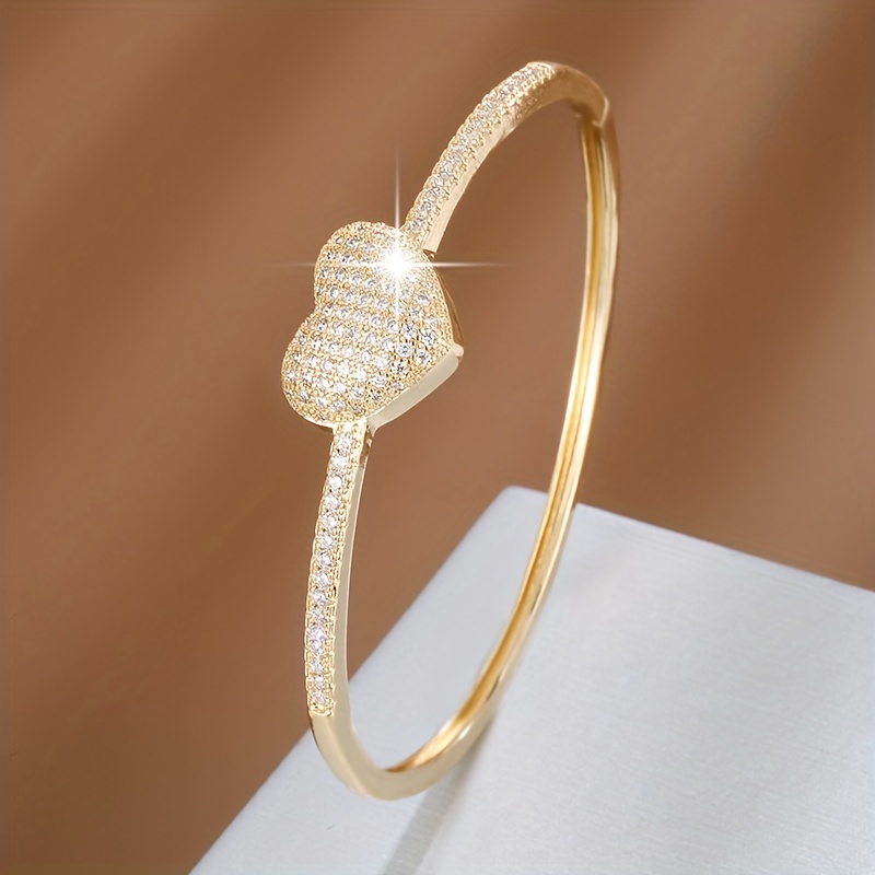 

Elegant Heart-shaped Zirconia Bangle For Women, Dazzling Hinged Bangle, Golden & Silvery Options, Match Daily Outfits, Party Decor