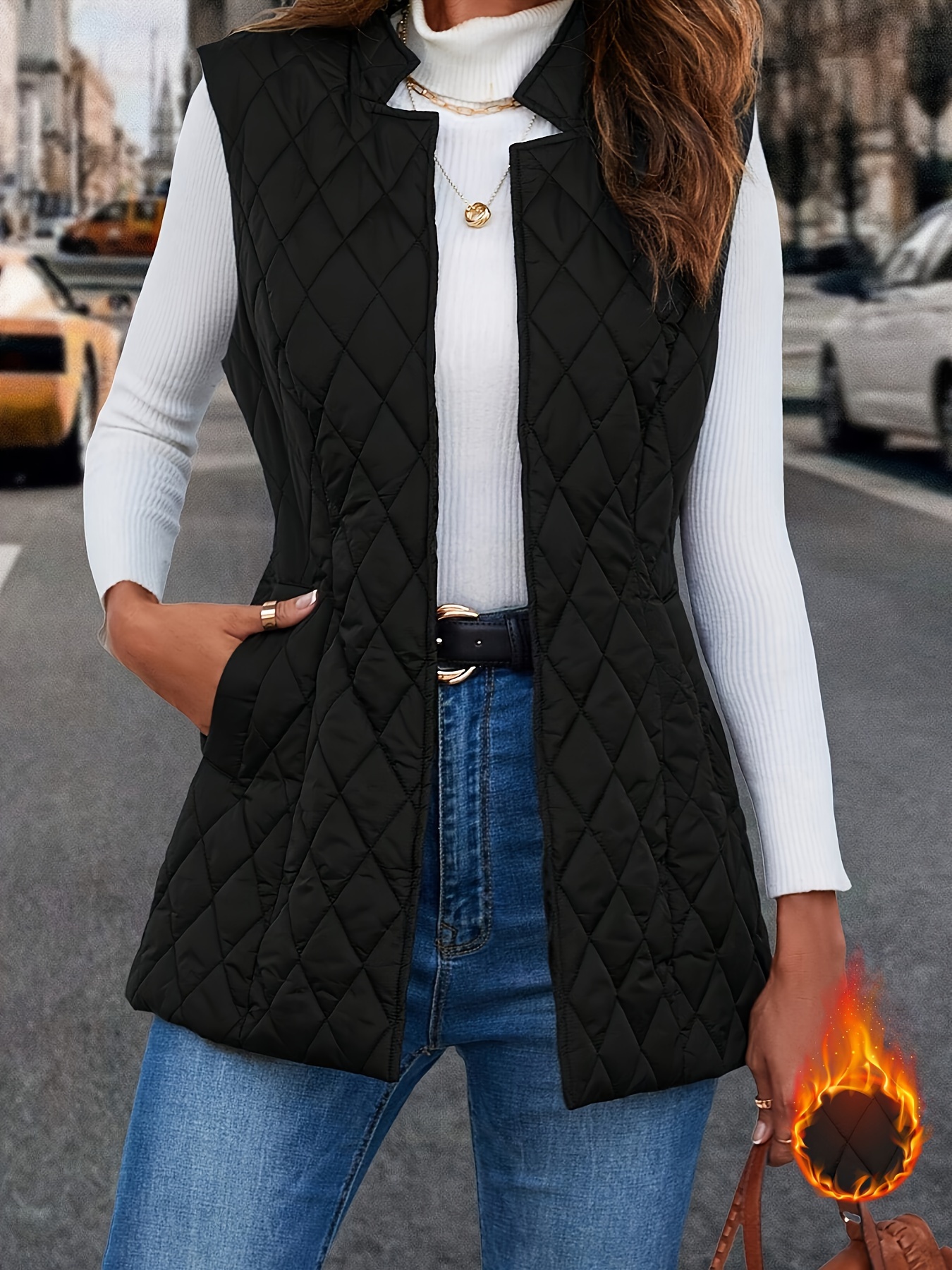 Chaleco acolchado abierto de color elegante chaleco sin con bolsillos  inclinados para otoño e invierno, ropa de mujer