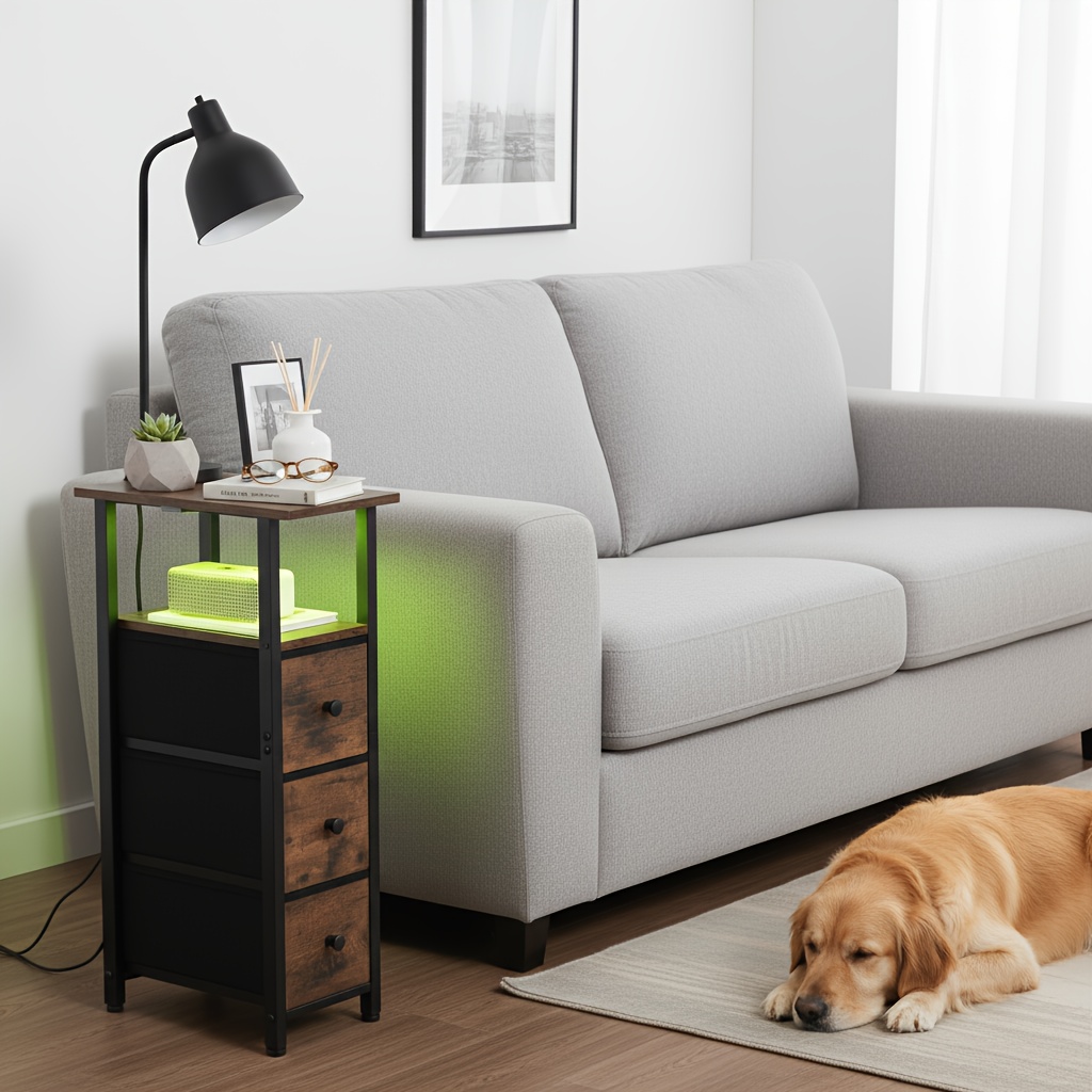 Image of Amhancible Living Room Side Table, 1pc, With Charging Station; Narrow Side Table With Usb Port And Socket; Slim Bedside Table With 3 Fabric Drawers, Suitable For Bedrooms And Small Spaces.