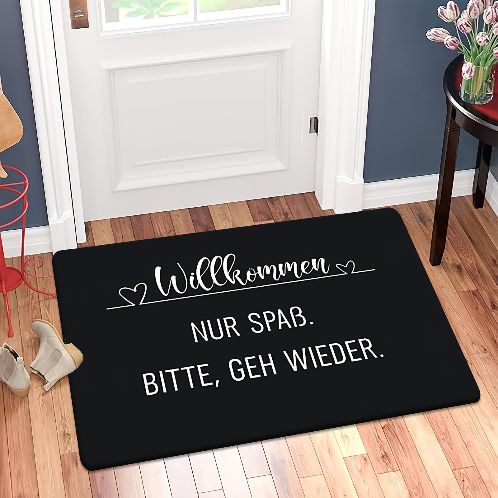 TEMU [ Product] [flannel And 1cm Thick Sponge Material] Fun Door Mat With Welcome Message, Heart Decoration, German Humorous Text Print, Suitable For