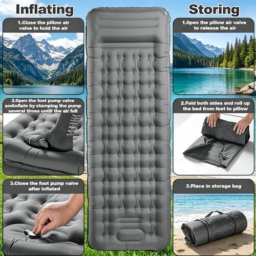 Ergonomic Support Inflatable Camping Pad, TPU High-Airtight inflatable sleeping pad, Durable 50D Polyester Fabric, Anti-Puncture Sleeping Mat for Grass/Beach/ Terrain