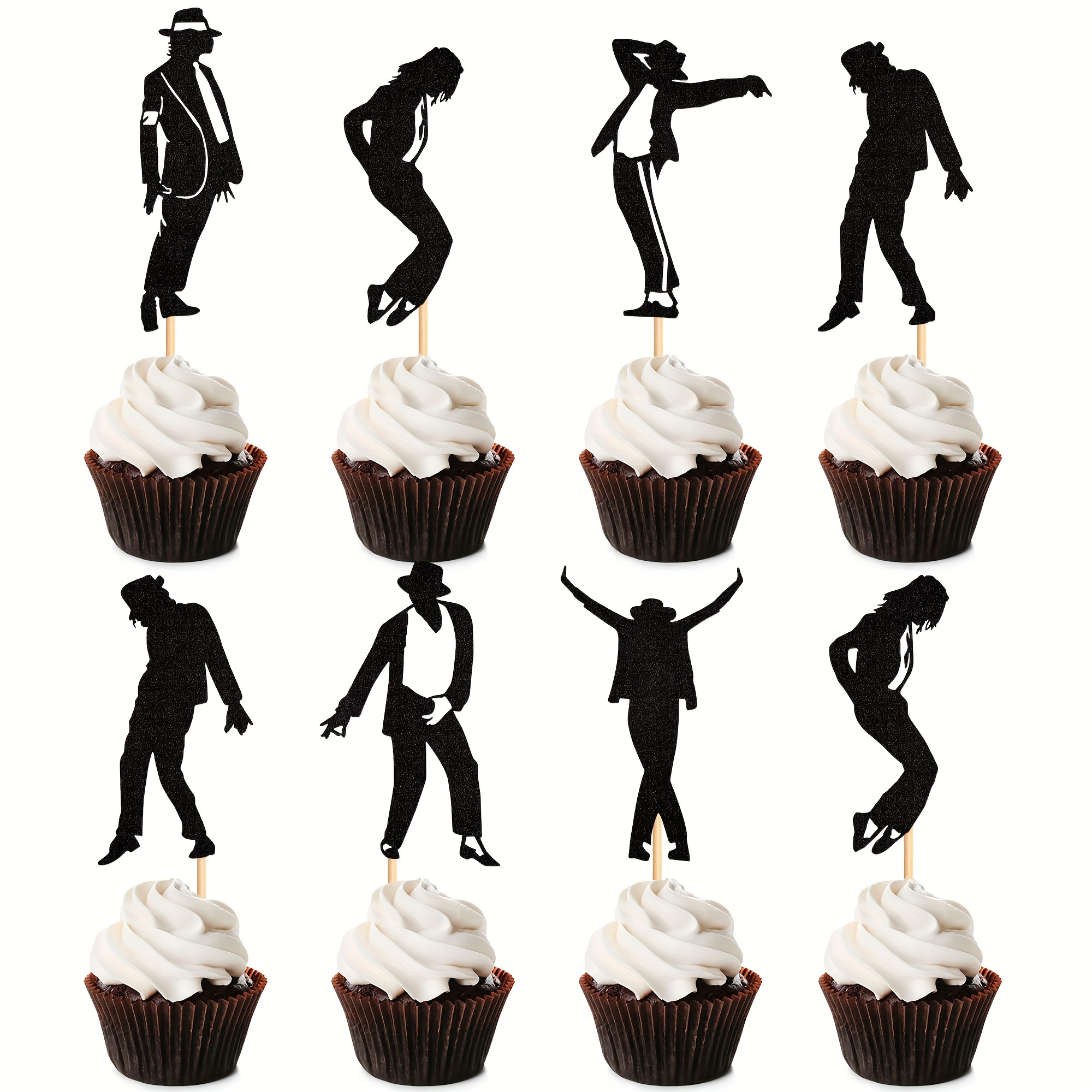 

24pcs Black Glitter Jazz & Cupcake Toppers - Perfect For Music Theme Birthday Parties, Food-safe Paper Cake Decorations