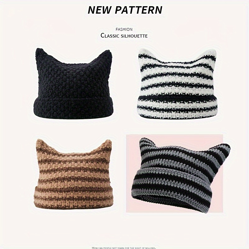 

Polyester Cat Ear Beanie Hat For Women - Striped Knit Warm Cap, Hand Wash Only, Non-stretch, Lightweight For Fall/winter Outdoor Occasions