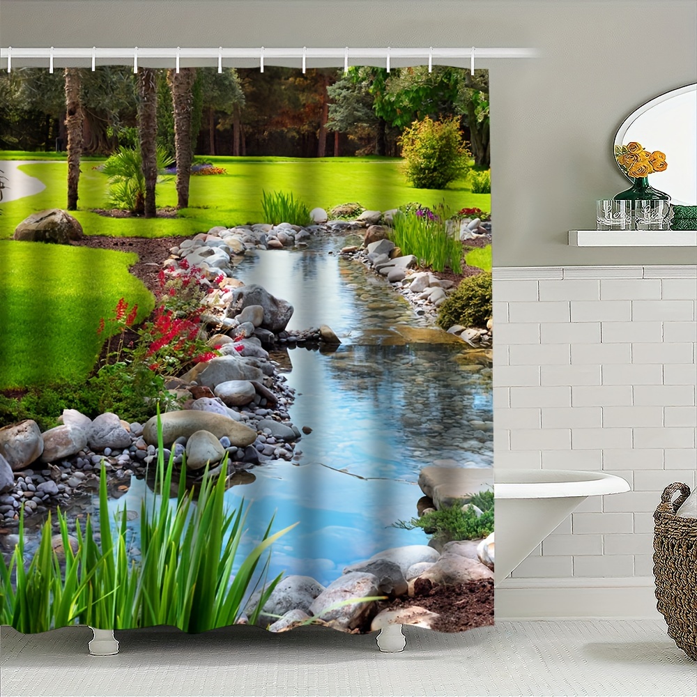 

Stunning Creek Landscape Shower Curtain - Waterproof, Durable & Machine Washable Bathroom Decor With Privacy Window Panel