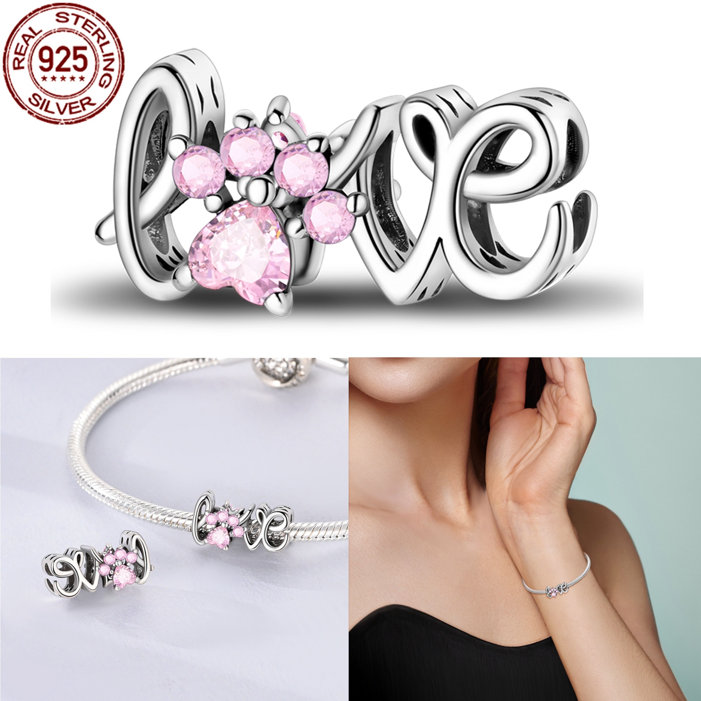 

1pc 925 Sterling Silver "love" Letter Charm Bead, 3mm Bracelet Spacer, Gift Making, Cartoon Style, Animal Theme, Birthstone, Synthetic Cubic Zirconia, Daily & Gift , All