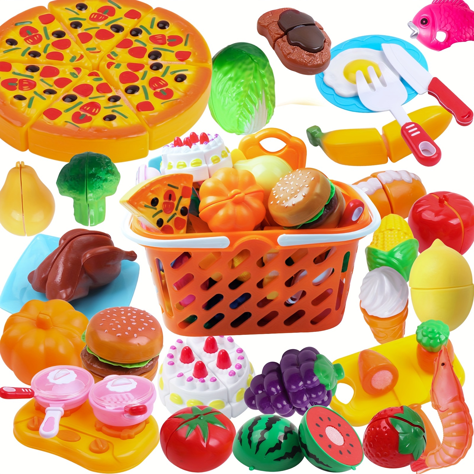 

66pcs Children Pretend Play Toy Set With Basket Containing Many Fruits, Food, Cutlery, Knives, Plates And Other Kitchen Scene Playsets, Suitable For Children Over 3 Years Old
