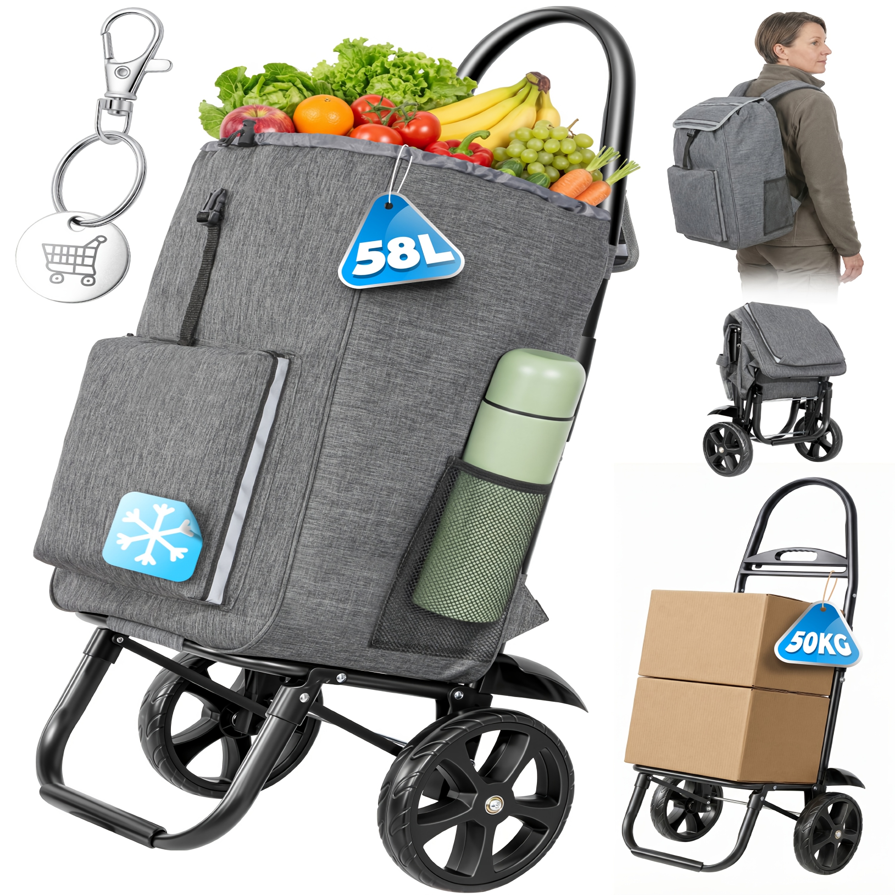 Image of Homecall 4-in-1 Collapsible Shopping Trolley 58l With Cooler Bag Portable Folding Utility Cart For Shopping Camping