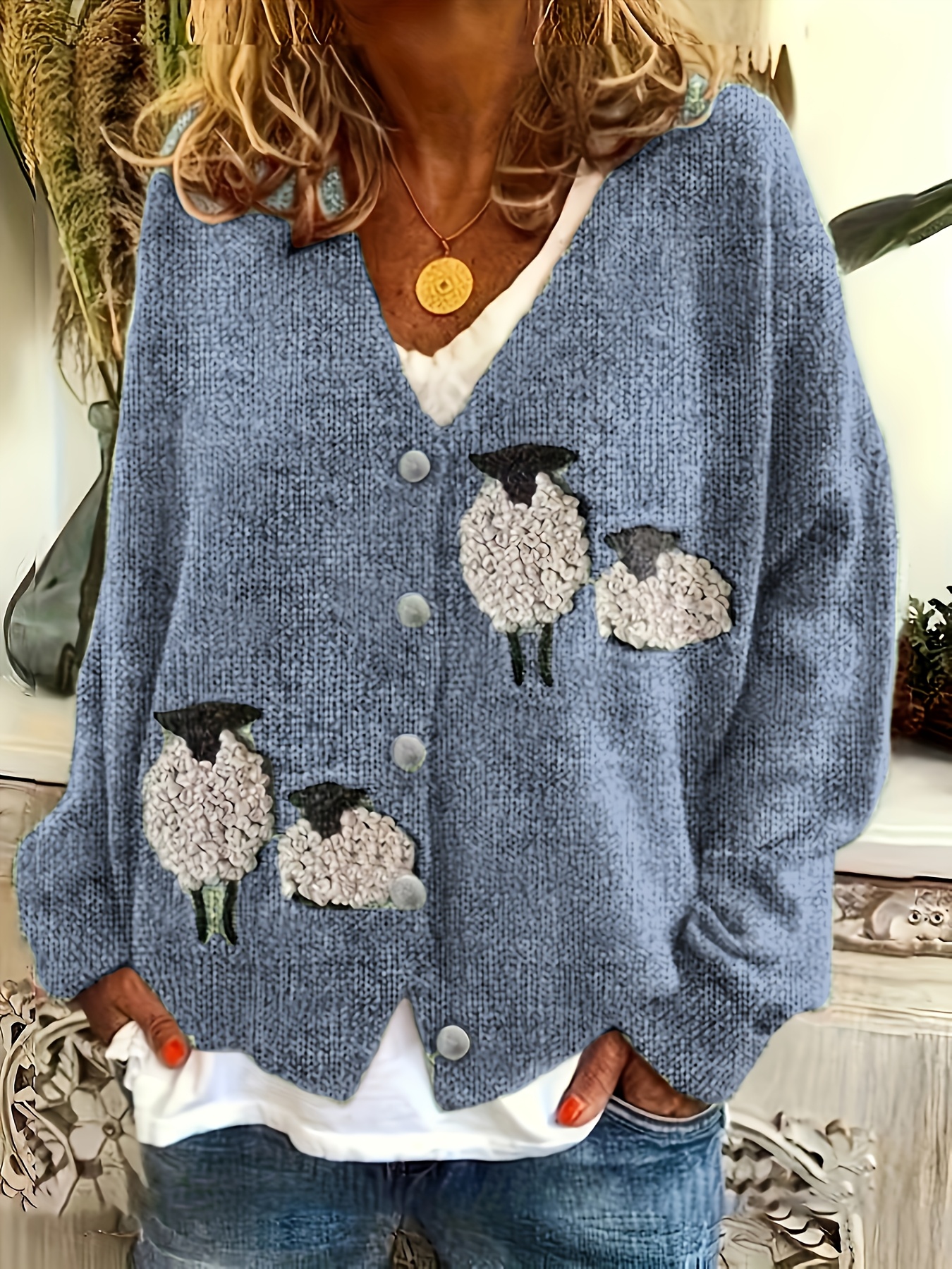 Knitting Pattern Sheep Cardigan Sweater Print V Neck Cardigan Long
