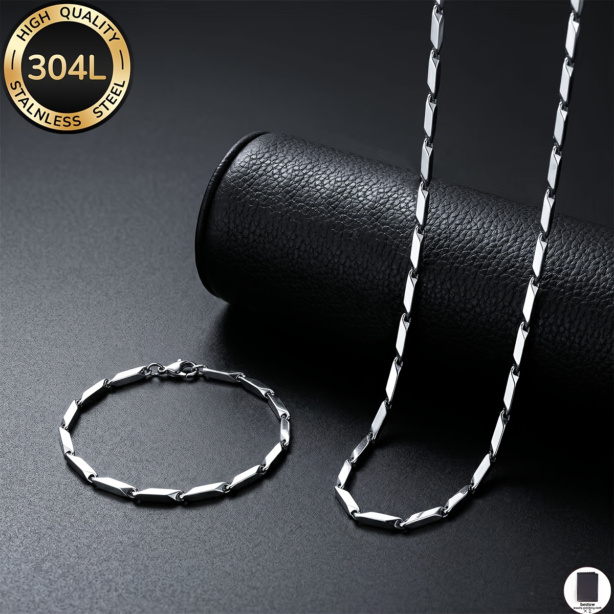 TEMU Set pezzi per con collana e braccialetto in acciaio inossidabile 304L (+2 panni per la pulizia dei gioielli) in stile hip-hop e punk, set di