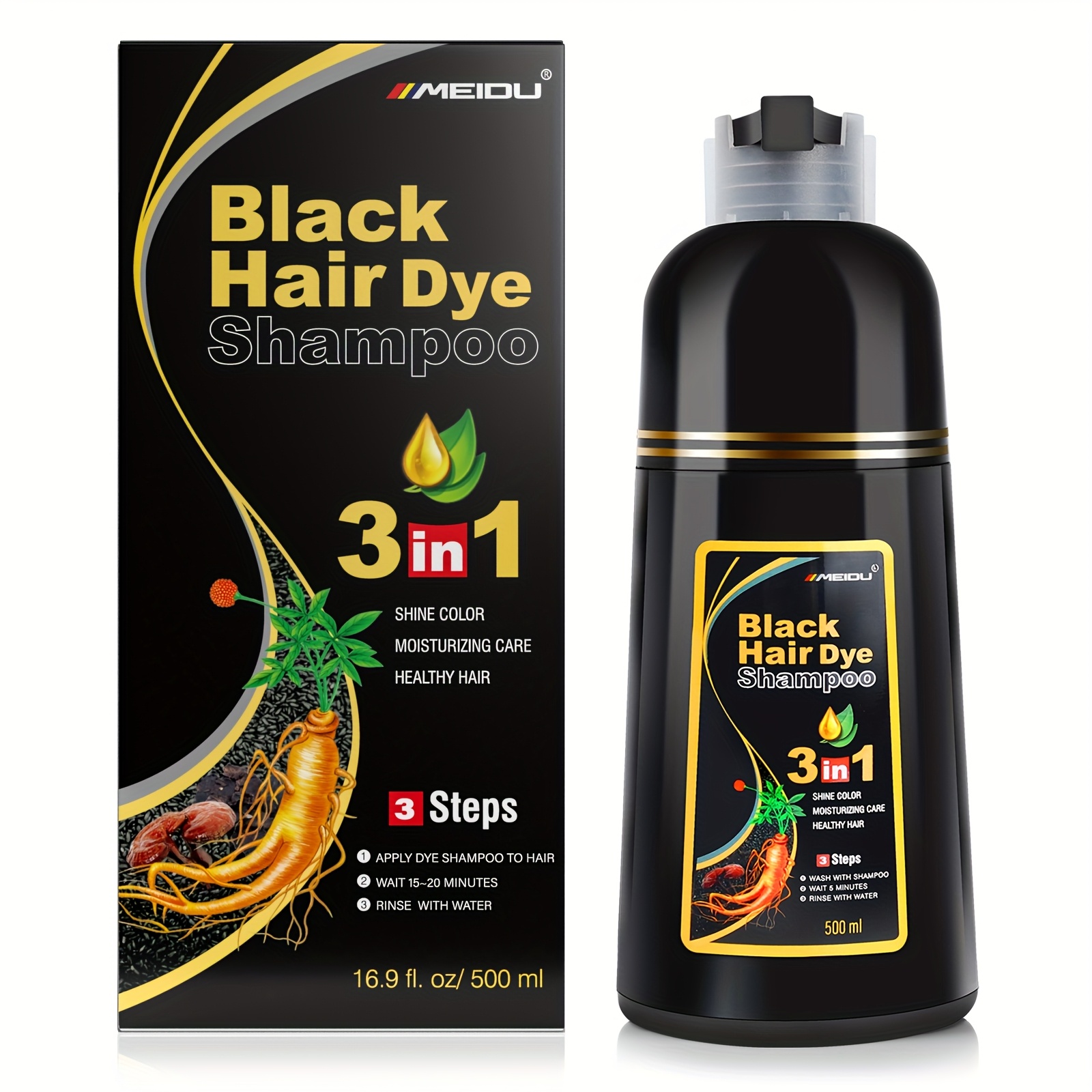   black hair dye multi use 1 bottle shampoo and dye     contains ginseng ginger   and   care   suitable for all hair types men and women adults can use 16 9fl   and safe formula