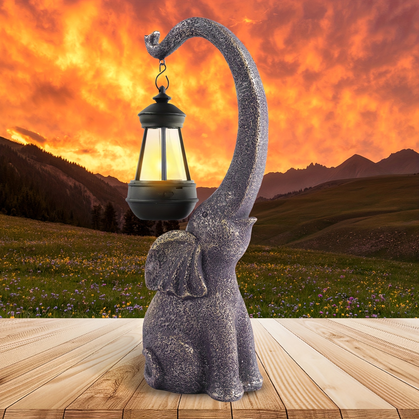 TEMU 1pc Solar Elephant Statue, Outdoor Garden Resin Crafts For Elephant Statues, Art Decorations With Solar Led Lights, Garden Garden Sculptures,