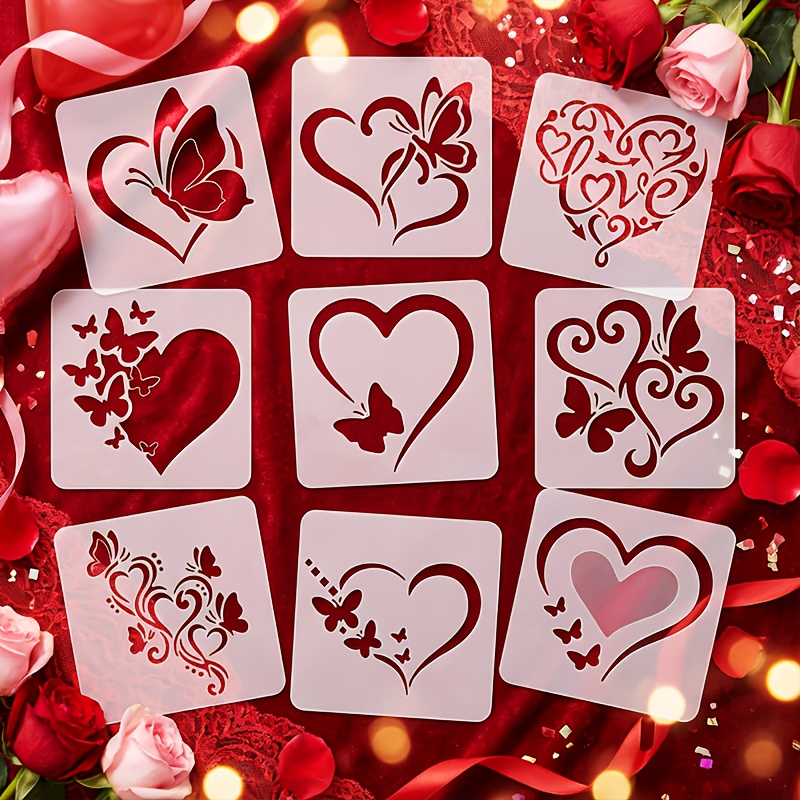 E-shop 9-teiliges Schablonen-Set mit Herz- und Schmetterlingsmotiven, 4.0" wiederverwendbare Valentinstags-Schablone für Kunstprojekte,