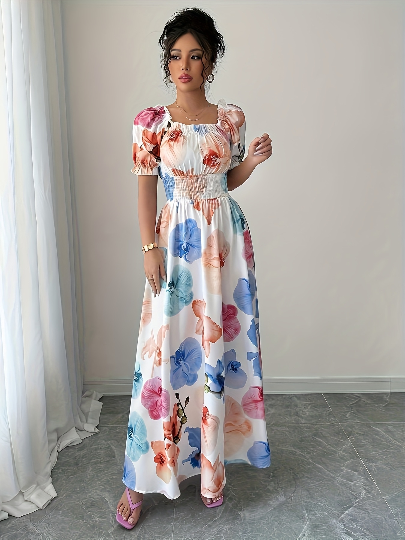 elegant floral print maxi dress ruffle sleeves lantern - Temu