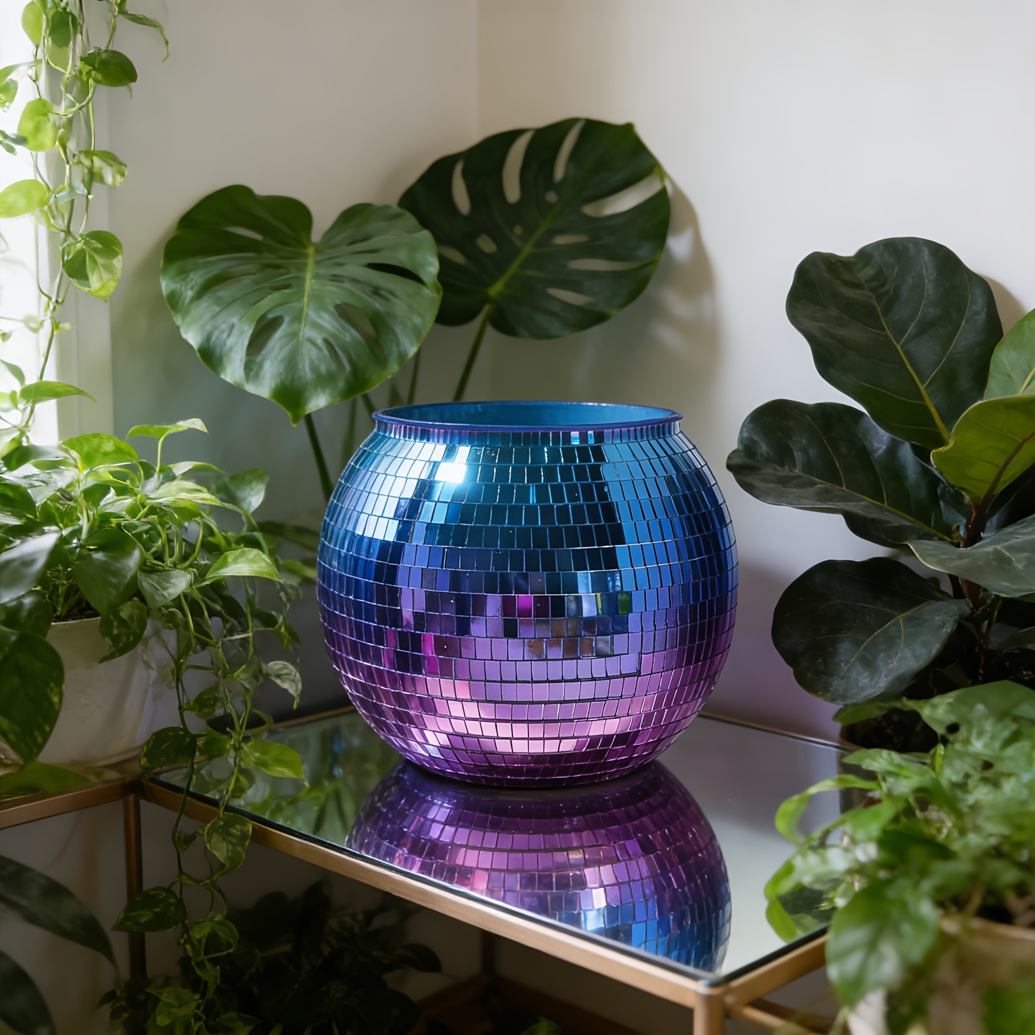 Image of Gradient Blue Purple Mirror Mosaic Disco Ball Planter Shiny Decorative Flower Pot For Indoor Outdoor Home Desk Decor Wedding Party Gift Gardening Gift,home Decor