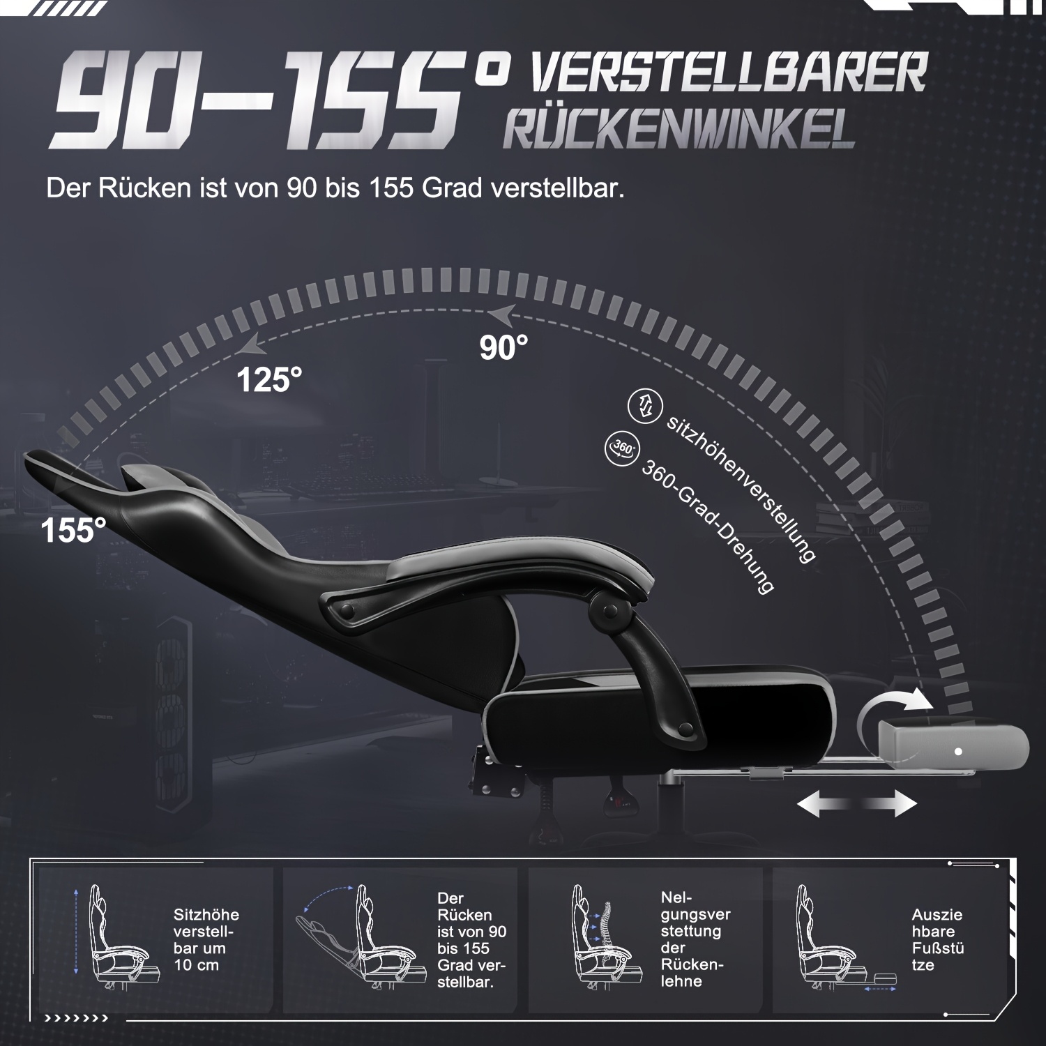 Gronfont Gaming Chair with Footrest, Rocking Function Up to 155°, Ergonomic Gaming Chair with Adjustable Lumbar Cushion, Headrest, Height-Adjustable And Swivel, 360° Gaming Chair, Gaming Chair 150kg, Black, Gray, White, Perfect Christmas Gift