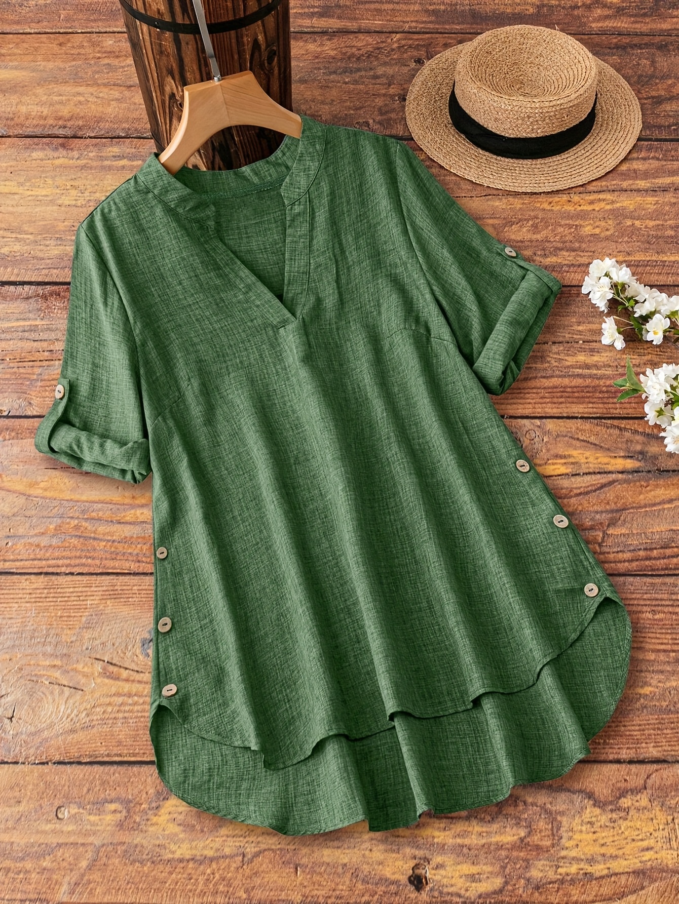 Plus Size Casual V-Neck Sleeveless Blouse with Fake Buttons - Beige, Asymmetrical Hem, Long-Sleeve, Non-Stretch Fabric, Perfect for Spring/Summer, Casual Attire|Vneck Blouse|Asymmetrical Hemline, Plus Size Shirts